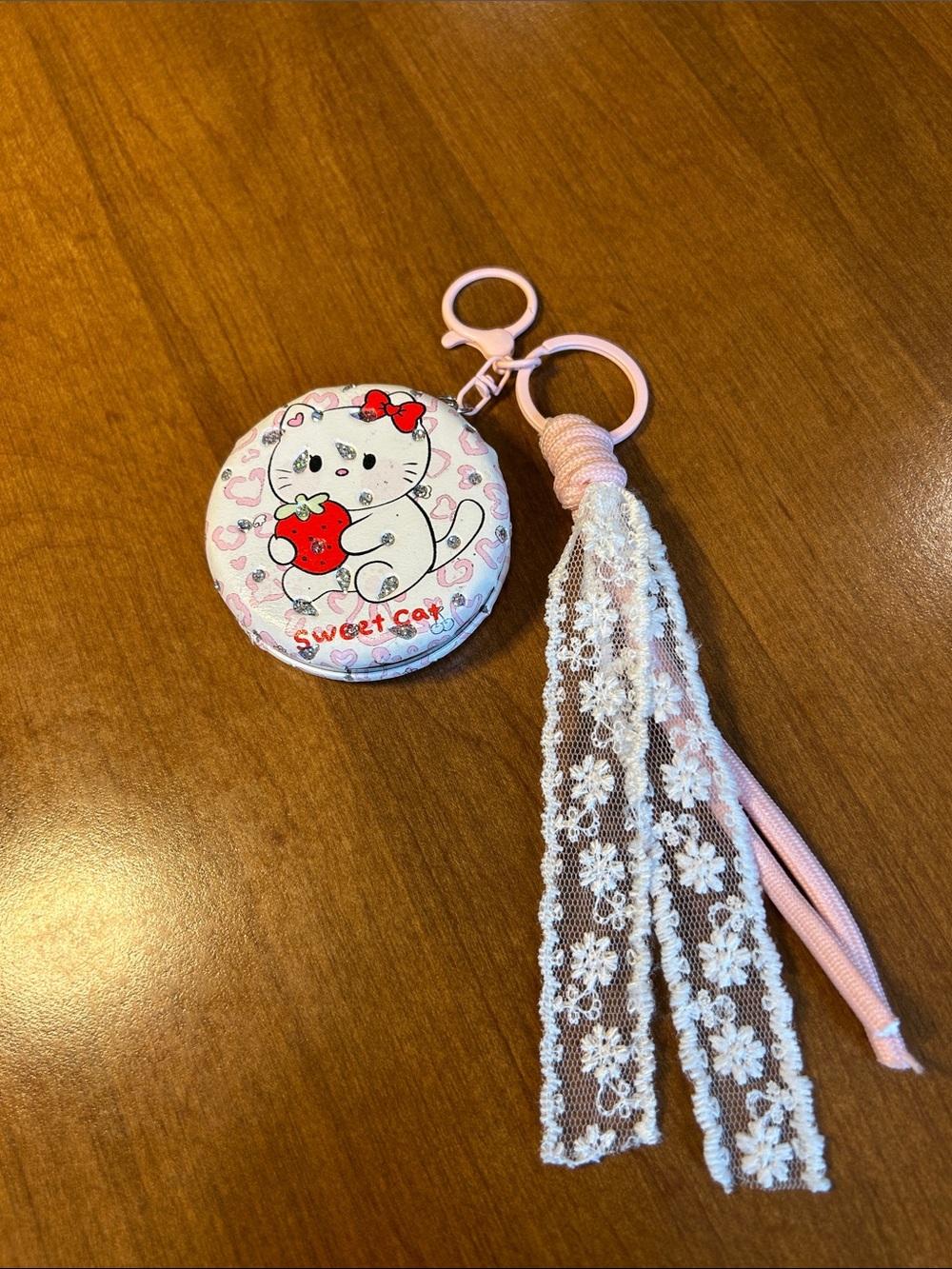 Kids Pink Sweet Cat Keychain Mirror with Lace Tassel